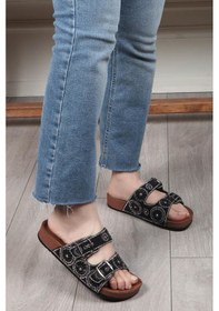 Resim Pienn 20054-002 Kadın Taşlı Çift Tokalı Comfort Terlik Siyah Bej 
