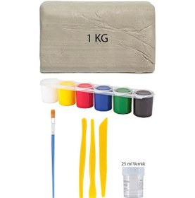 Resim Beyaz Seramik Hamuru 1 Kg Kil Plastik Ebeşuar Seti 6x15 Ml Akrilik Set 25 Ml Partlatma Verniği 