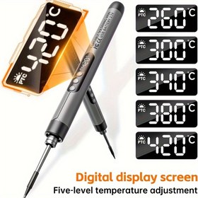 Resim USB Şarj Edilebilir Dijital Ekranlı Lehimleme Aleti ve Ekipmanı - Çok Seviyeli Sıcaklık Kontrollü, Taşınabilir Kablosuz Tasarım, Elektronik Tamir için, PC ve Masaüstü Bilgisayarlarla Uyumlu, Pil Gerekmez, 8W Mini Lehimleme Seti, Lehim Teli, Desoldering Pompası ve Flux ile 