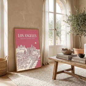 Resim Los Angeles Line Art Print - Pink Hollywood Sign Downtown Skyline Wall Art - Wooden Frame - White / 24 x 36" (60x90 cm) 