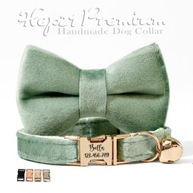 Resim Cat collar with bow tie Velvet cat collar with bell 649724 - Light Green Collar + Bow Tie / L 