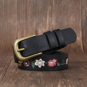 Resim 1 Adet Vintage Çiçek Nakışlı Sahte Deri Kemer - Şık Siyah Altın Tonlu Kare Tokalı, Kot ve Günlük Giyim İçin Mükemmel, Kolay Temizlenebilir Bez Bakım, Dekoratif Aksesuar | Vintage Çiçekli Kemer 