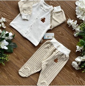 Resim PATSAN Organik Pamuk Penye Bebek Basic Çıtçıtlı Alt Üst Patikli Pijama Takım Çizgili 