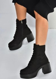 Resim Fox Shoes V726681502 Siyah Süet Kalın Topuklu Bağcıklı Kadın Bot Siyah-Süet 