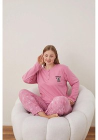 Resim Boyraz Lindros Kadın Pamuklu Düğme Yaka Raporlu İnterlok Battal Pijama Takımı 05110 - 1 Adet Pembe 