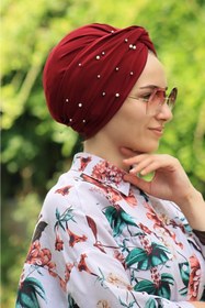 Resim Sahra Şal Dünyası Incili Hazır Modelli Olmayan Dolama Bone Bordo Renk 