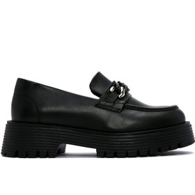 Resim Kadın Siyah Deri Tokalı Maskülen Loafer 