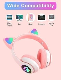 Resim Stn-28 Kedi Kulaklı LED Işıklı Bluetooth Kulaklık, Pembe, Mikrofonlu, Hafıza Kartı Girişli, PC Tablet Laptop Uyumlu, Kulak Üstü 
