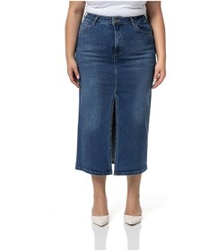 Resim Disentis Büyük Beden Önden Yırtmaç Detaylı Beş Cepli Midi Denim Mavi Etek-mavi Mavi 