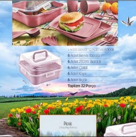 Resim HOLLYHOME 32 Parça 6 Kişilik Çantalı Magic Piknik Seti Pudra Pembe 