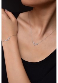 Resim Papatya Silver 925 Ayar Gümüş Rodyum Kaplama Kalp Kanat Kolye ve Bileklik Set 