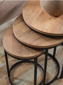 Resim 3' Lü Açık Ceviz Ahşap Siyah Metal Sehpa 