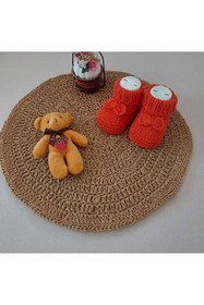 Resim BEGİN Kiremit Rengi Yenidogan Hediyelik Bebek El Örgü Akrilik Yün Diş Kaşıyıcı Patik Fiyonklu 0-6 Ay 