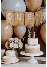 Resim One Yazılı Jüt Kumaş Bayrak 1 Yaş Partisi Mama Sandalyesi Ve Duvar Süsü Banner Tüm Yaşlar 