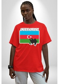 Resim Azerbeycan Bayrak Ülke Pamuklu Bisiklet Yaka Unisex Oversize Boyfriend Dijital Baskılı Kırmızı T-shirt Kırmızı 