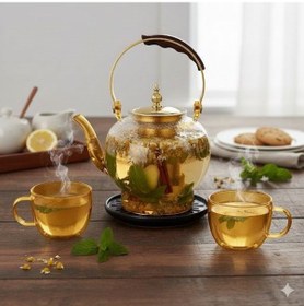 Resim Morponi Ahşap Saplı Isıya Dayanıklı Borosilikat Amber Cam Demlik 1200 Ml Süzgeçli Cam Demlik Oval Amber 