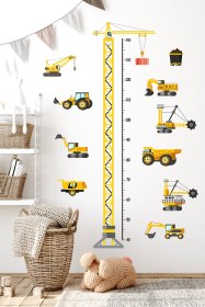 Resim Vinç ve Minik İş Makineleri Boy Ölçer Çocuk Odası Duvar Sticker - 114x33 cm / Karışık Renkli / İş Makineleri Temalı 