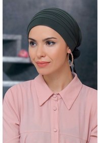 Resim Hürrem Bone Haki Pratik Hazır Geçmeli Tesettür Bone Sandy Kumaş Pileli Nervür Haki 