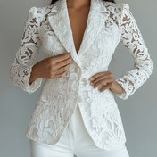 Resim Elegant Black Lace Tek Düğmeli Blazer, Flap Yaka ile - Polyester, Uzun Kollu, Bahar/Yaz Modası, Kemer Yok, Şık Kadın Blazer|Flap Yaka Blazer|Polyester Blazer 