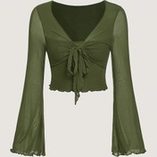 Resim Yeni Bahar St. Patrick Günü Parti Tatil Tarzı Şık Özel Kısa Crop Top Fiyonklu File Yarı Saydam Esnek V-Yaka Uzun Kollu Tişört 