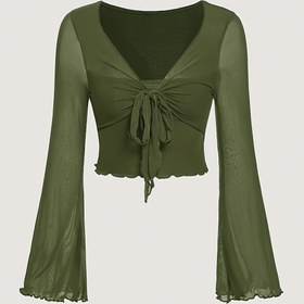 Resim Yeni Bahar St. Patrick Günü Parti Tatil Tarzı Şık Özel Kısa Crop Top Fiyonklu File Yarı Saydam Esnek V-Yaka Uzun Kollu Tişört 