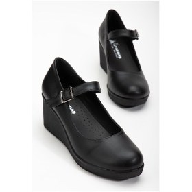 Resim Baretli Suni Deri Siyah Kadın Dolgu Taban Ayakkabı-3101-siyah 