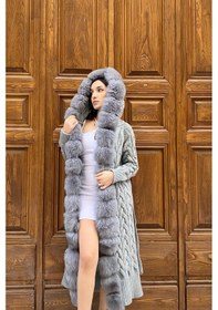 Resim Lava Design Kürklü Triko Hırka - Uzun Triko Hırka - Kadın Triko Hırka Örgülü Gri gri 