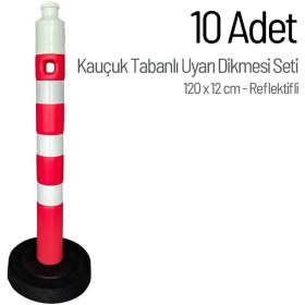 Resim İleri Trafik 10'lu Kauçuk Ağırlıklı Kırmızı Uyarı Dikmesi, 3 Reflektifli - 120 x 12 cm 