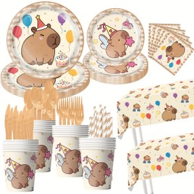 Resim 91 parça Kapibara Temalı Parti Seti, Tek Kullanımlık Kağıt Tabaklar, Peçeteler, Bardaklar, Bıçaklar, Çatallar, Kaşıklar, Pipetler, Parti Süslemeleri ve Şenlik Kutlamaları için Masa Örtüsü 