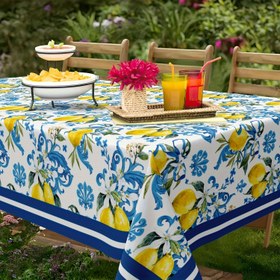 Resim 1 Adet Retro Limon Desenli Masa Örtüsü - Canlı Limon ve Mavi Çiçek Deseni, Dayanıklı Polyester Dikdörtgen Makinede Yıkanabilir Mutfak Sofra Örtüsü, Bahar Yaz Dekoru, Parti ve Dış Mekan Kullanımı İçin 