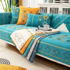 Resim 1 adet Bohem Chenille Koltuk Kılıfı Canlı Geometrik Nakışlı - Evcil Hayvan Dostu, Kaymaz, Dayanıklı Koltuk Örtüsü Teal, Turuncu ve Sarı Renklerde - Makinede Yıkanabilir, Tek Kişilikten Dört Kişilik Koltuklara Uygun - Oturma Odası Dekorunuza Renk Katıyor, Koltuk Kılıfları 