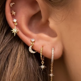 Resim Kadınlar için 6'lı şık küpe seti, ay, yıldız ve şimşek figürlü narin ve küçük sentetik zirkon taşlarla süslenmiş, çoklu piercing ve üst üste takma için uygundur, partiler, müzik festivalleri ve günlük takı aksesuarları için mükemmeldir. 