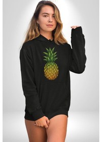 Resim Ananas Meyve Kadın Erkek Siyah Kapüşonlu Sweatshirt Hoodie Siyah 