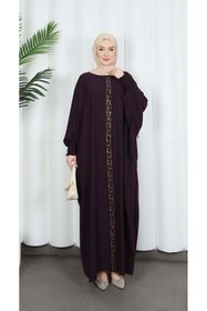 Resim HNT Hayrunnisa Tesettür Yarasa Kol Leopar Taşlı Elbise Mor HNT8526 