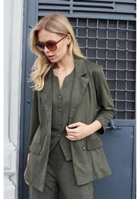 Resim Kadın Süet Dokulu Kumaş Yakalı Capri Kol Cep Kapaklı Blazer Ceket-haki Haki 
