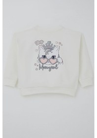 Resim Breeze Kız Çocuk Sweatshirt Minik Taçlı Kedi Prenses Baskılı Sırt Baskı Detaylı 1.5-5 Yaş, Ekru Ekru 