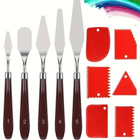 Resim 11 adet 5 adet 6 adet Paslanmaz Çelik Renk Karıştırma Bıçak Seti, Akrilik, Yağ, Su Boyası ve Kaya Boyama için - Dokulu Pasta ve Diş Temizleyici ile Sanat Malzemeleri 