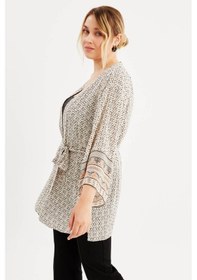 Resim Myline Desenli Kemer Detaylı Kimono - Krem 
