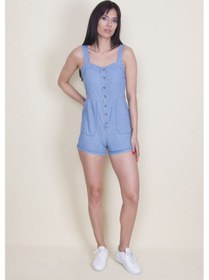 Resim Şans Tekstil Kadın Mavi Denim Kumaş Düğme Ve Cep Detaylı Askılı Tulum-mavi Mavi 