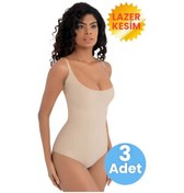 Resim Uniquetrenders Kadın Lazer Kesim İz Yapmaz Göğüs Destekli Askılı Toparlayıcı Body Slip Korse 3'lü Set Ten Rengi 