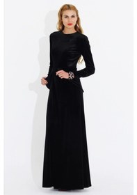 Resim Nidya Moda Büyük Beden Kadife Peplum Elbise-4044S Siyah 