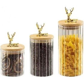 Resim 3'lü Borosilikat Cam Geyik Figürlü Şık Çizgili Cam Kavanoz Mutfak Seti 500-750-1000 Ml Şeffaf 