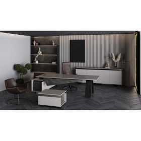 Resim Çağın Ofis Mobilyaları Balance 260 Cm Sağ Etajerli Yönetici Siyah Çalışma Ofis Masa Takım (IRONY/KÜL GRİSİ) 