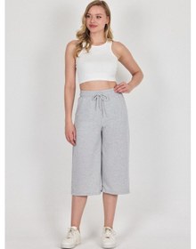 Resim Yüksek Bel Cepli Rahat Kesim Mevsimlik Kadın Diz Altı Bermuda Gri Kapri Şort Gri 