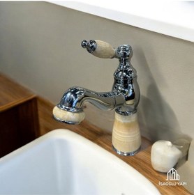 Resim İsaoğlu Yapı Krom Lavabo Bataryası Bal Mumu Tasarım Mermerli Lavabo Armatür Pirinç Paslanmaz Uzayabilen Sistem Gümüş 