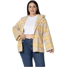 Resim Büyük Beden Geniş Kollu Kapüşonlu Cepli Hardal Çizgili Hırka Hardal 