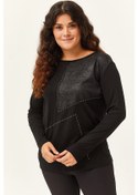Resim Kadın Büyük Beden Taş Ve Deri Görünümlü Parça Detay Siyah Bluz Siyah 