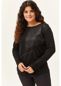 Resim Kadın Büyük Beden Taş Ve Deri Görünümlü Parça Detay Siyah Bluz Siyah 