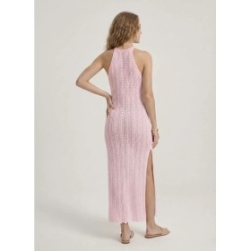 Resim Neden Tekstil Kadın Ajurlu Halter Yaka Yırtmaçlı Uzun Beachwear Elbise - Plaj Elbisesi 