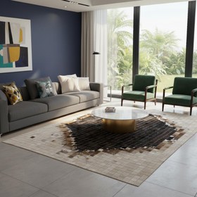 Resim Koyu Siyah Merkezli Bej ve Kahverengi Tonlu Dana Derisi Patchwork Halı - 120x250 cm 